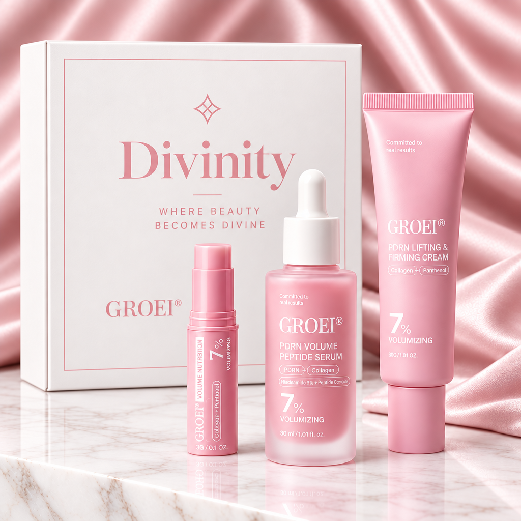 GROEI Products with White Divinity Box Pink Lettering